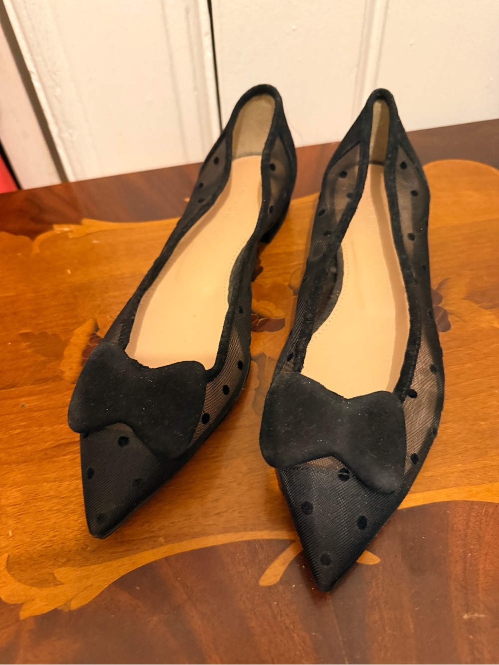 J.Crew Black Sheer Polka Dot Mesh Bow Pointed Toe Flats